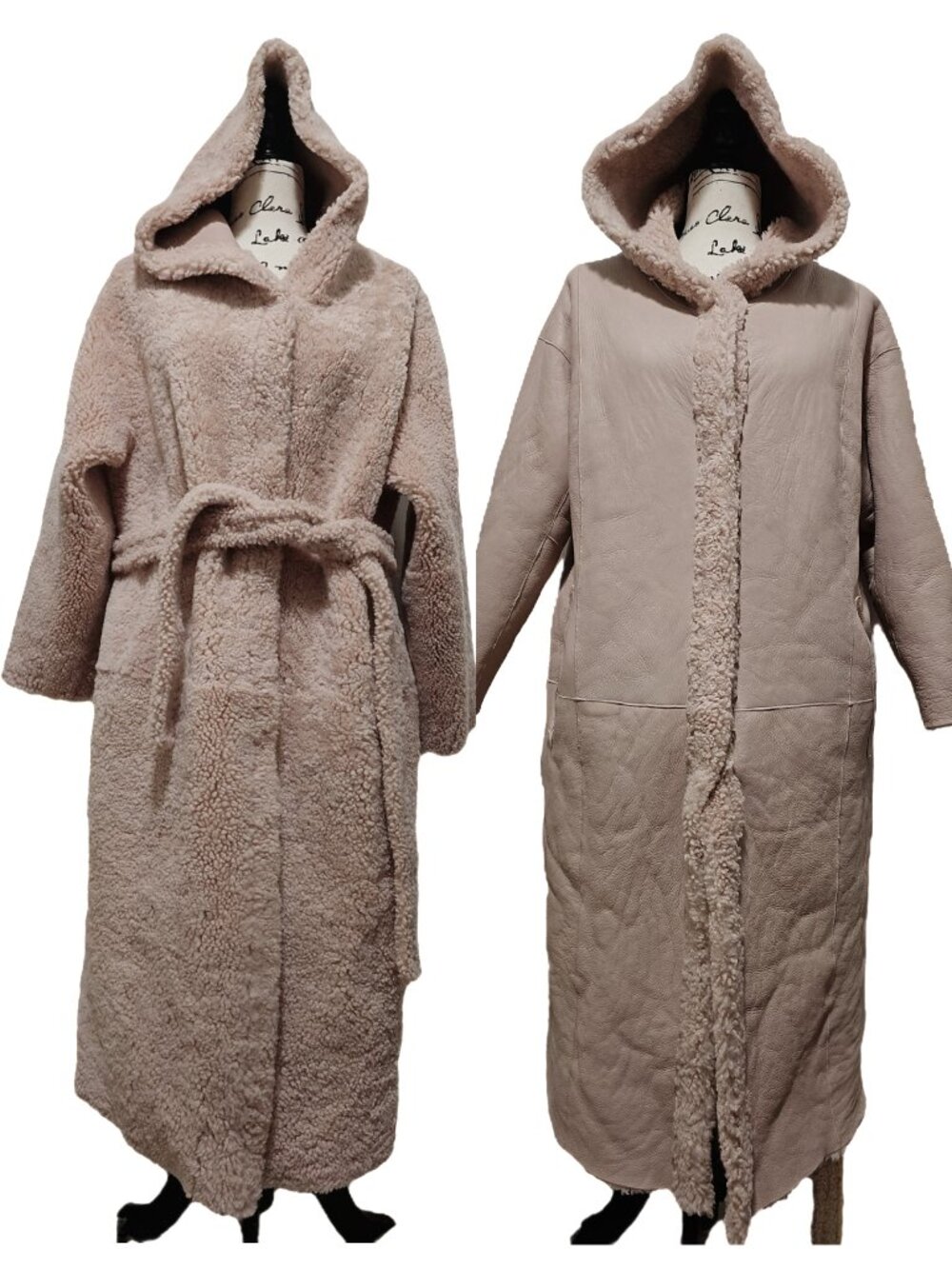 NewReal Lamb Fur Shearling Sheepskin Coat Jacket Wrap Robe Hood Reversible Beige